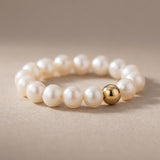 Freshwater Pearl Ring with Gold Accent | Adjustable Stretch Band | Minimalist Stackable Ring