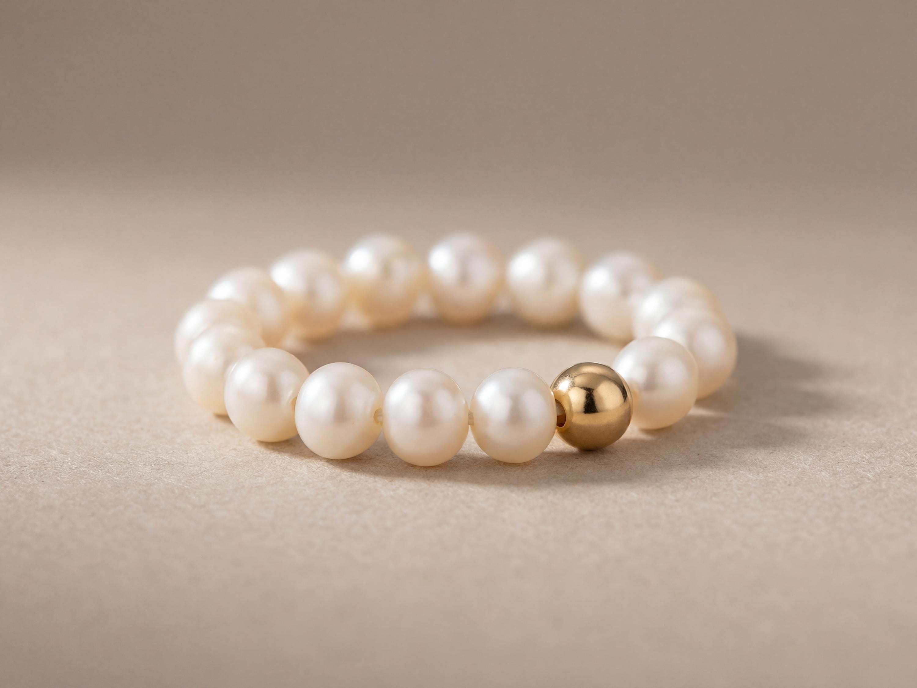 Freshwater Pearl Ring with Gold Accent | Adjustable Stretch Band | Minimalist Stackable Ring