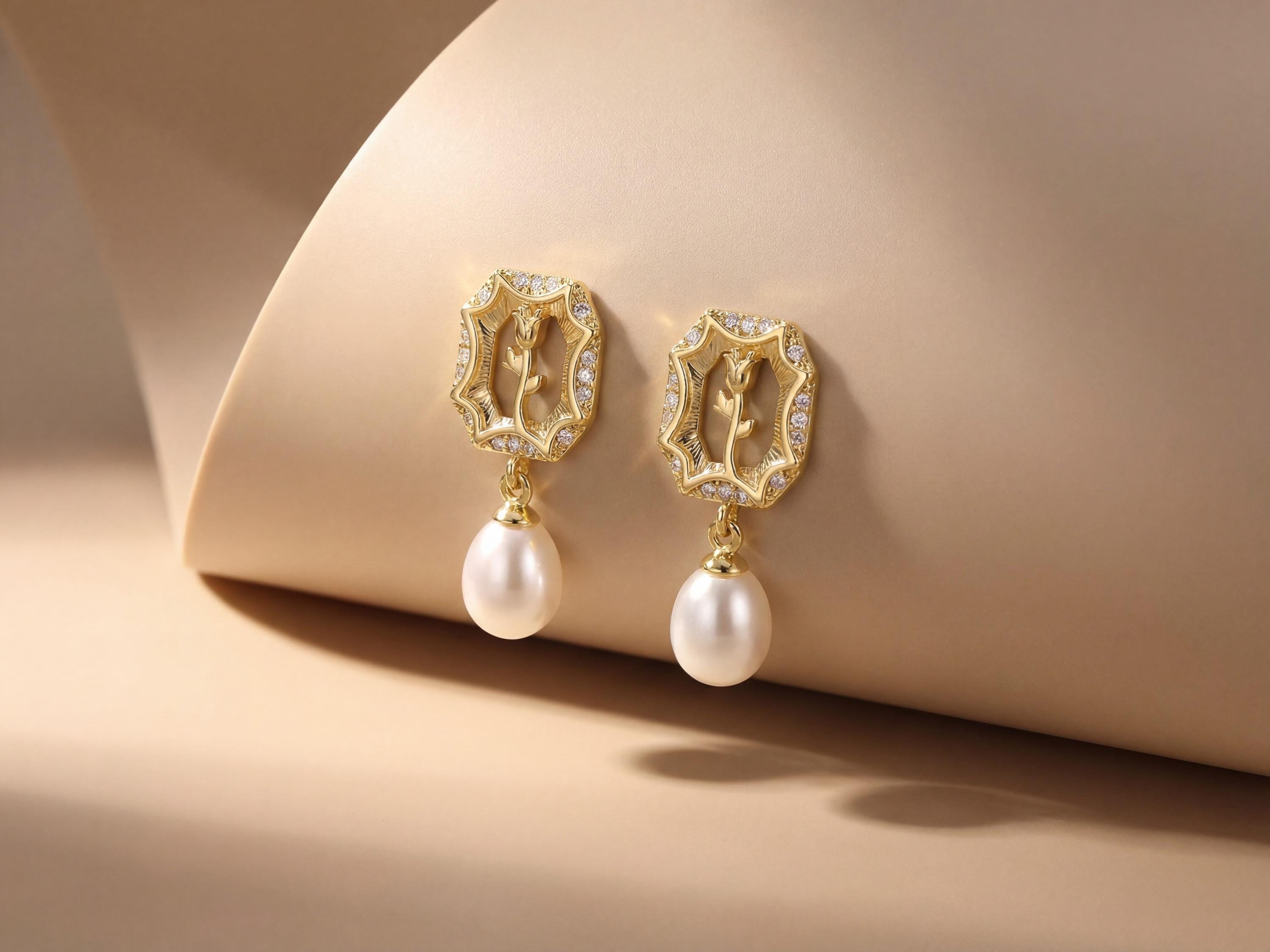Gold rose freshwater pearl earrings displayed on a curved beige backdrop