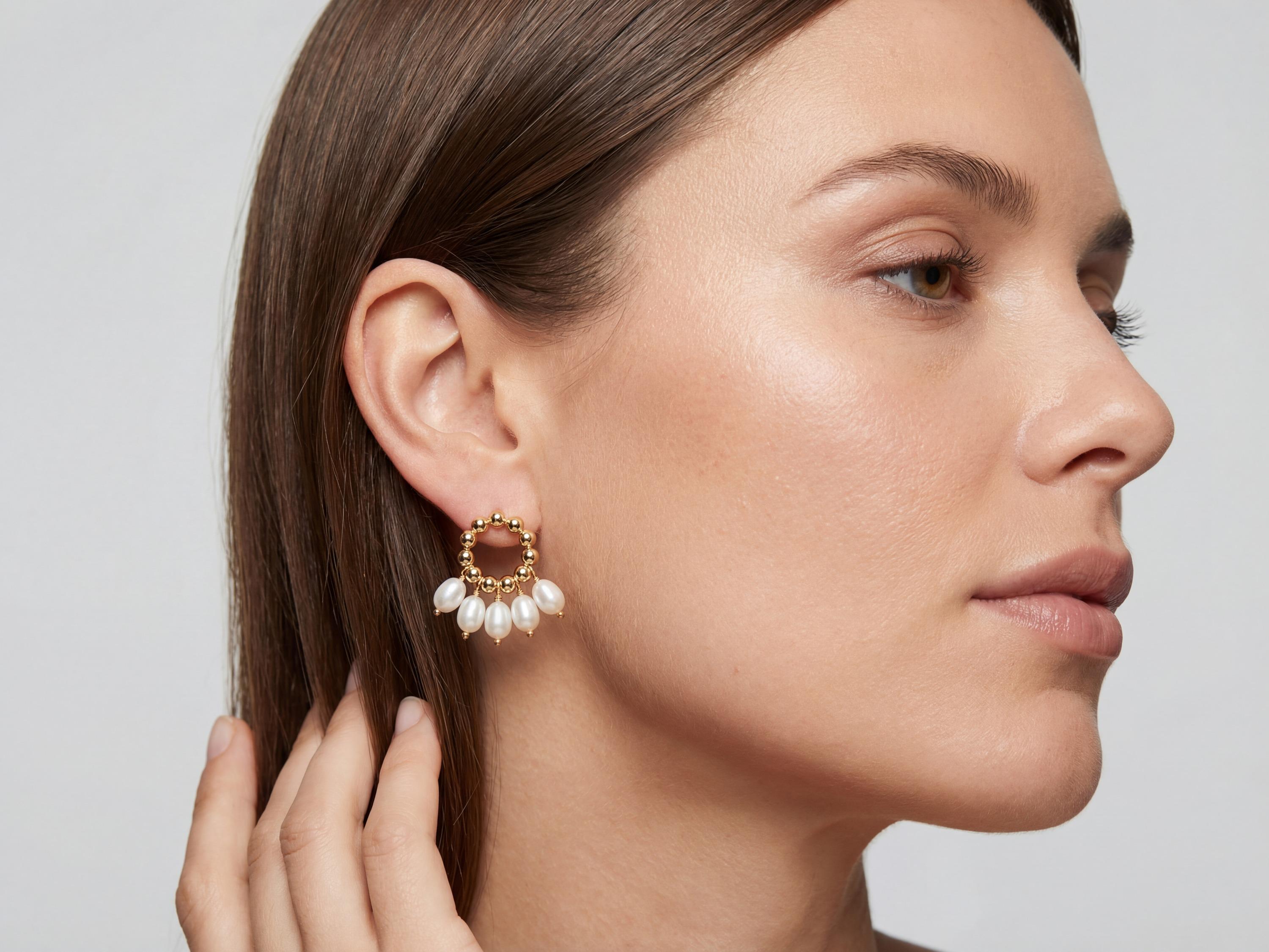 Freshwater Pearl Stud Earrings - Gold Plated Sterling Silver Dreamcatcher Studs, Boho Gift for Her