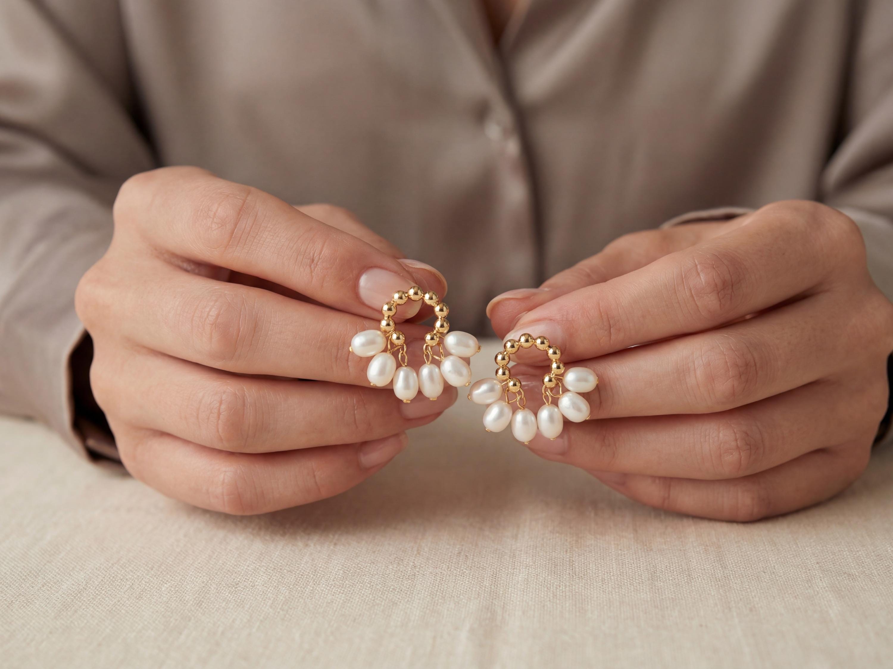Pearl earrings listing image - Editorial hands shot