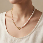 Freshwater Pearl and 18K Gold Plated Chain Necklace - Two Tone Asymmetric Choker, Modern Layering Gift