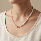 Freshwater Pearl and 18K Gold Plated Chain Necklace - Two Tone Asymmetric Choker, Modern Layering Gift