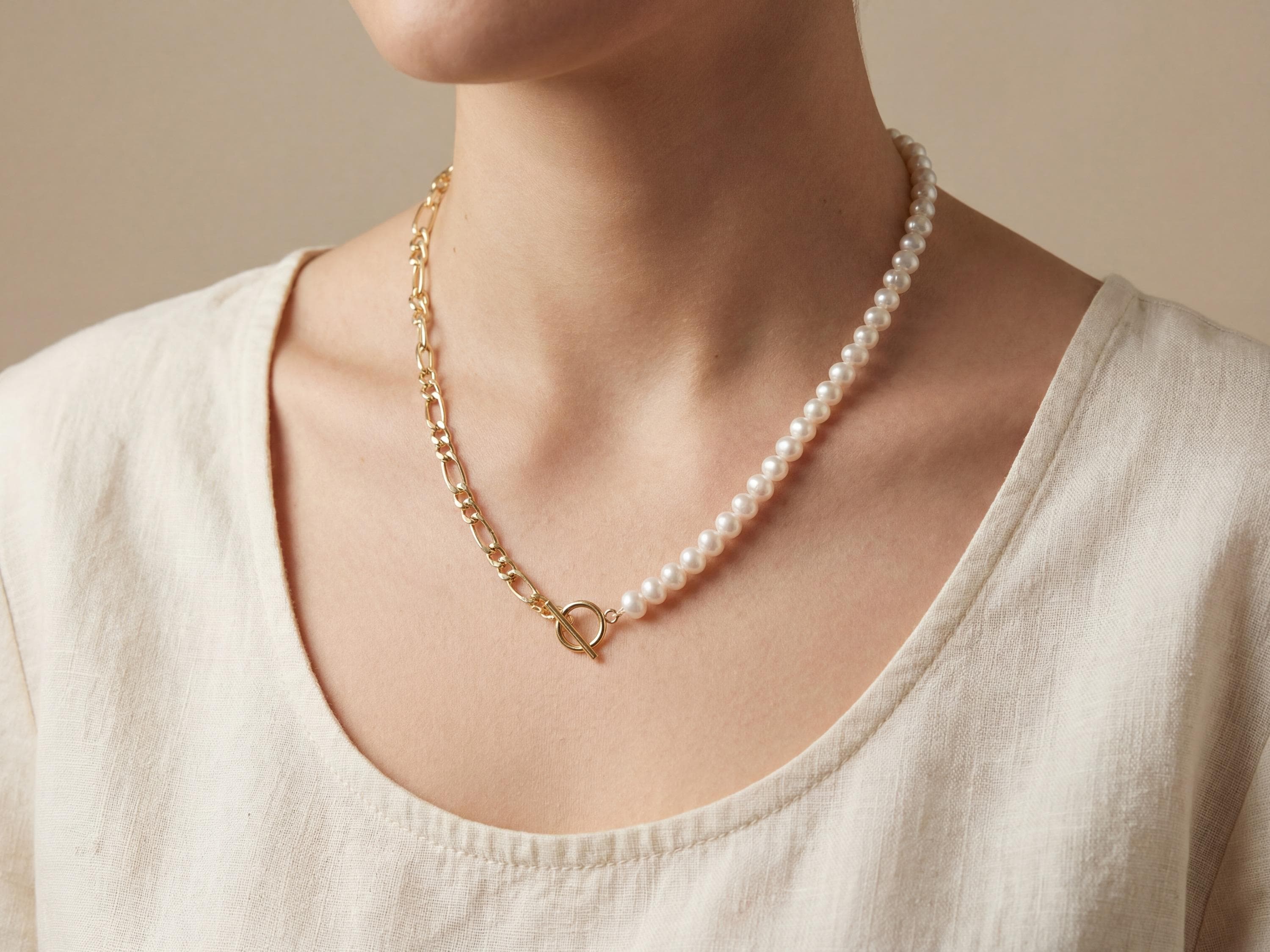 Freshwater Pearl and 18K Gold Plated Chain Necklace - Two Tone Asymmetric Choker, Modern Layering Gift