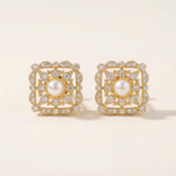 Sterling Silver Freshwater Pearl Stud Earrings: Diamond Square Design