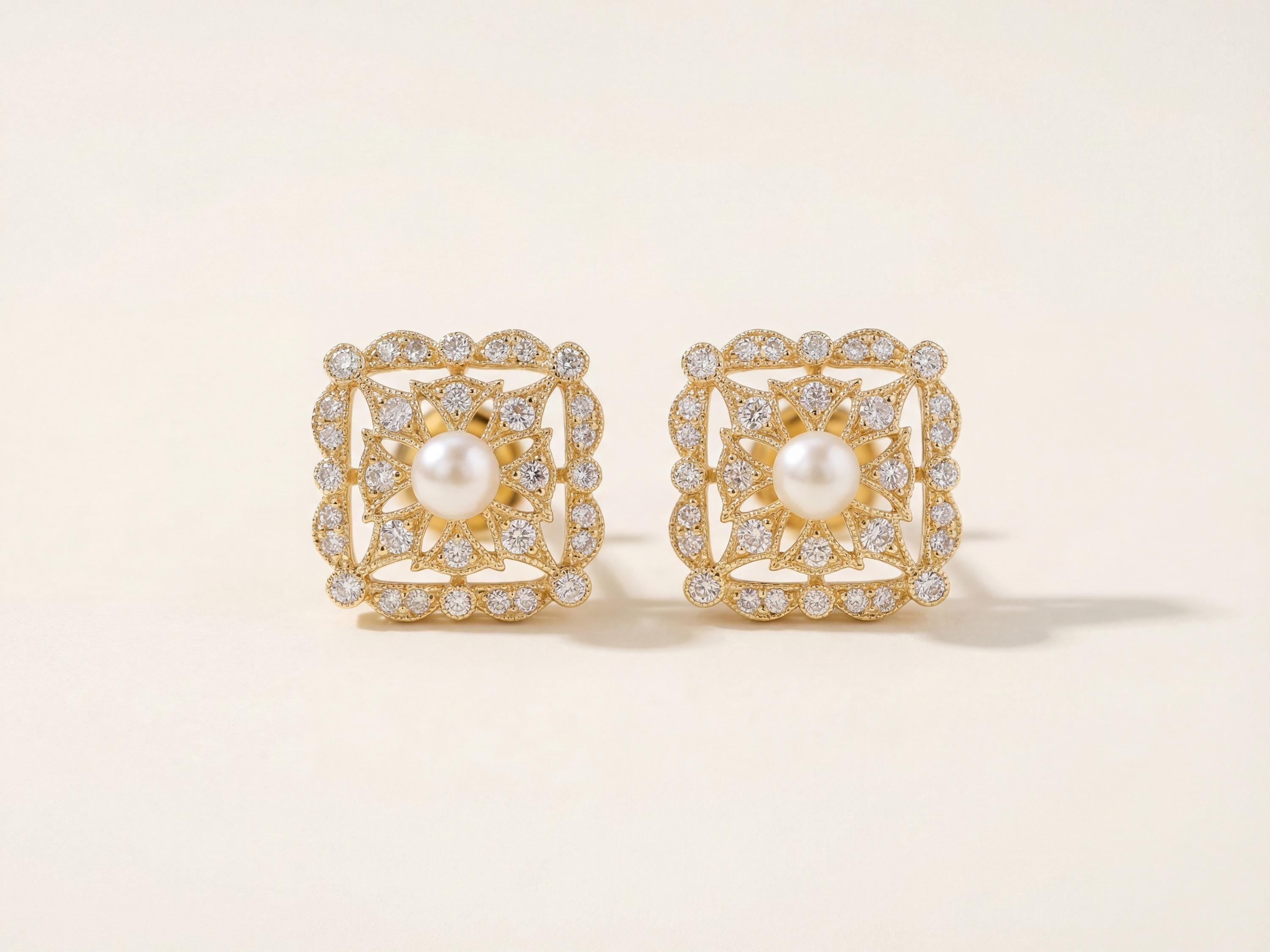 Sterling Silver Freshwater Pearl Stud Earrings: Diamond Square Design