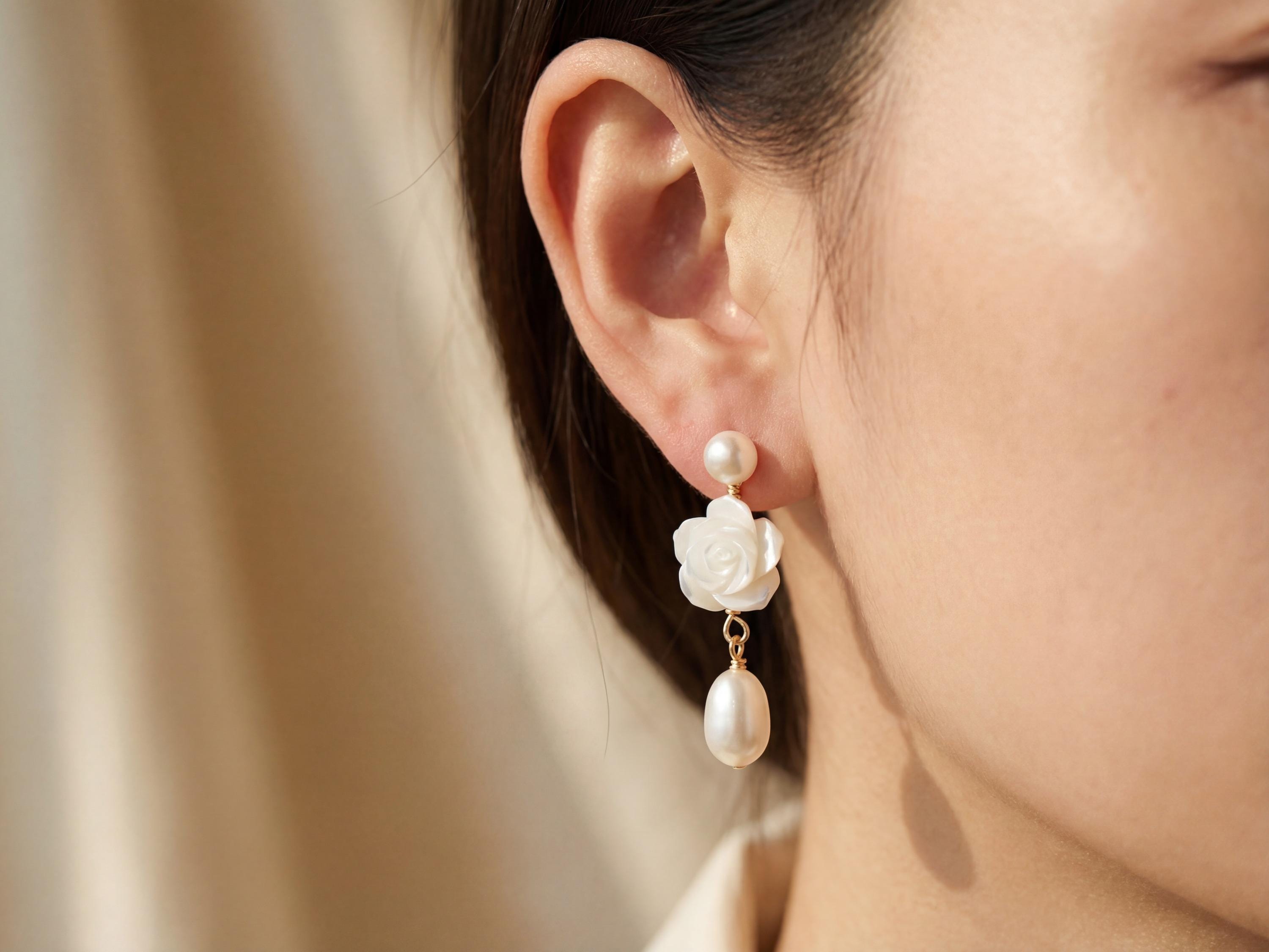 White camellia flower pearl dangle earring worn on ear with gold plated details