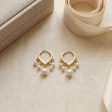 Pearl Huggie Earrings - Gold Five Pearl Hoops, Dainty Birthday Gift for Her