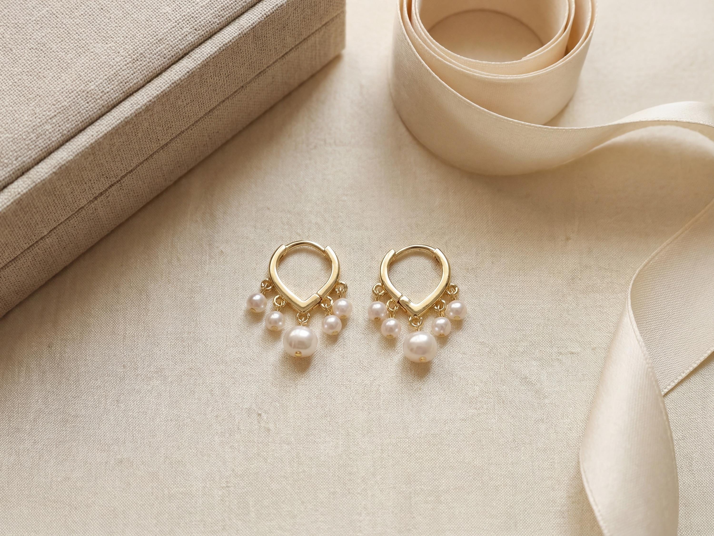 Pearl Huggie Earrings - Gold Five Pearl Hoops, Dainty Birthday Gift for Her