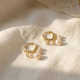 Pearl Huggie Earrings - Gold Five Pearl Hoops, Dainty Birthday Gift for Her