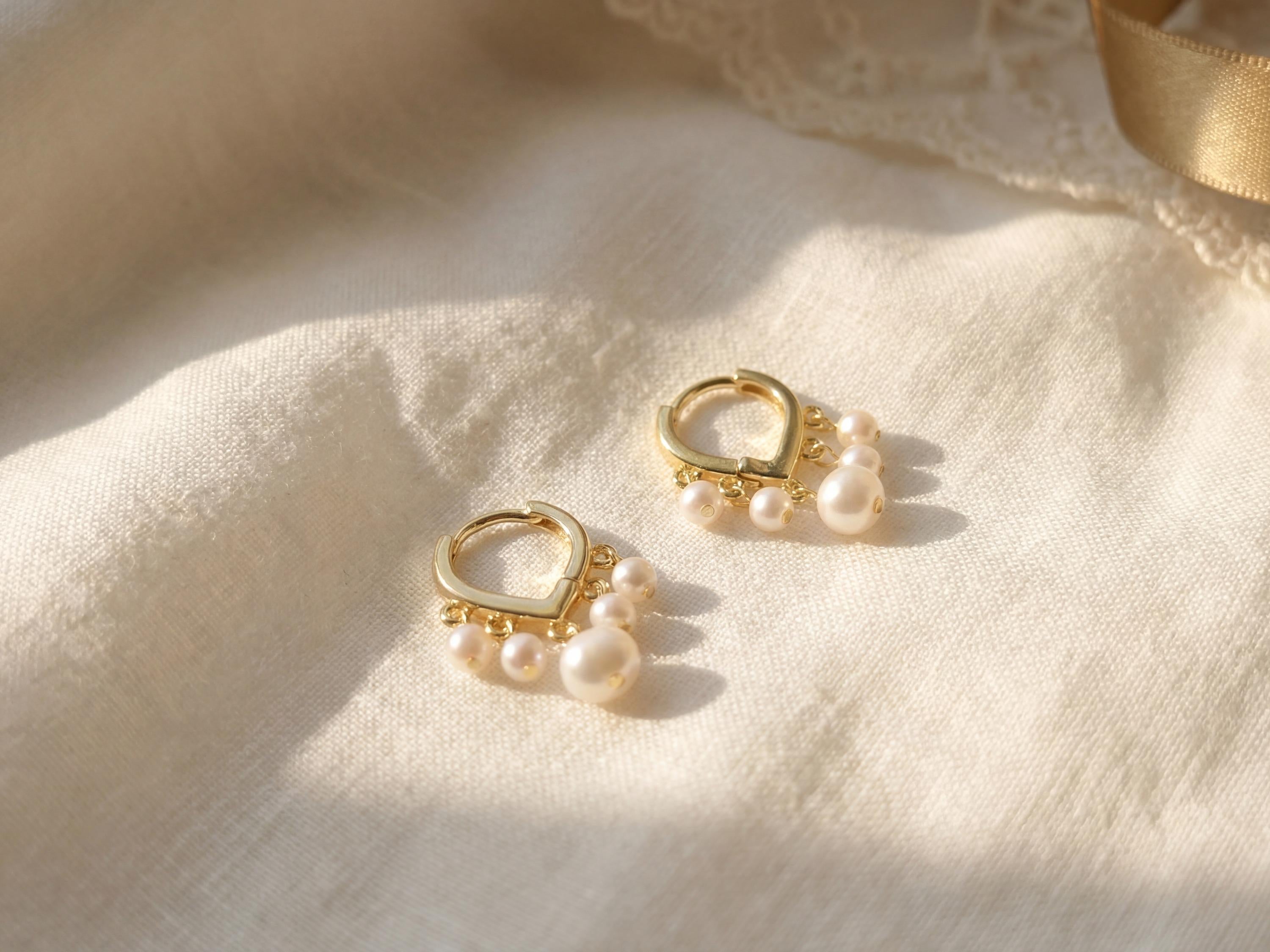 Pearl Huggie Earrings - Gold Five Pearl Hoops, Dainty Birthday Gift for Her