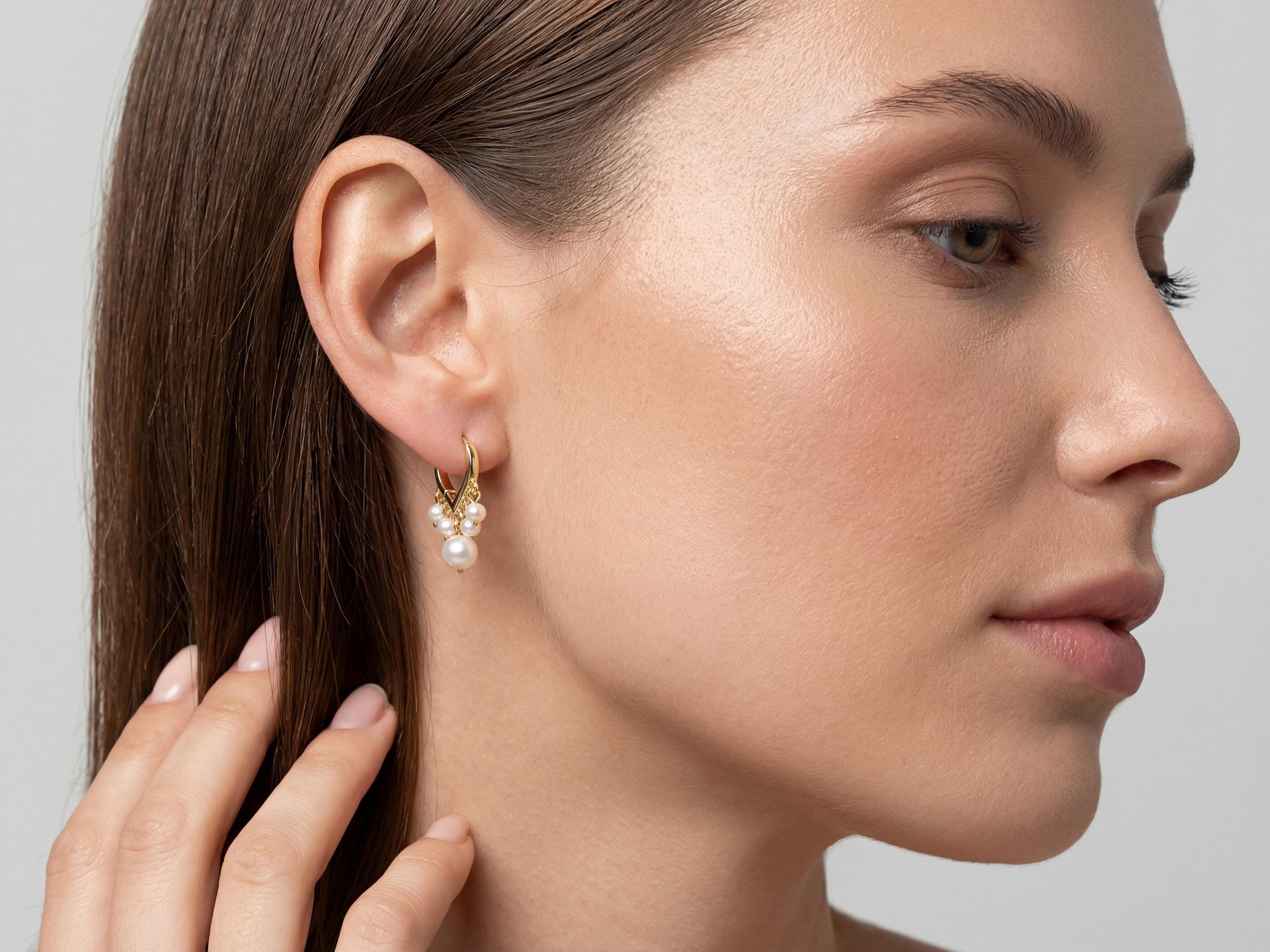 Pearl Huggie Earrings - Gold Five Pearl Hoops, Dainty Birthday Gift for Her