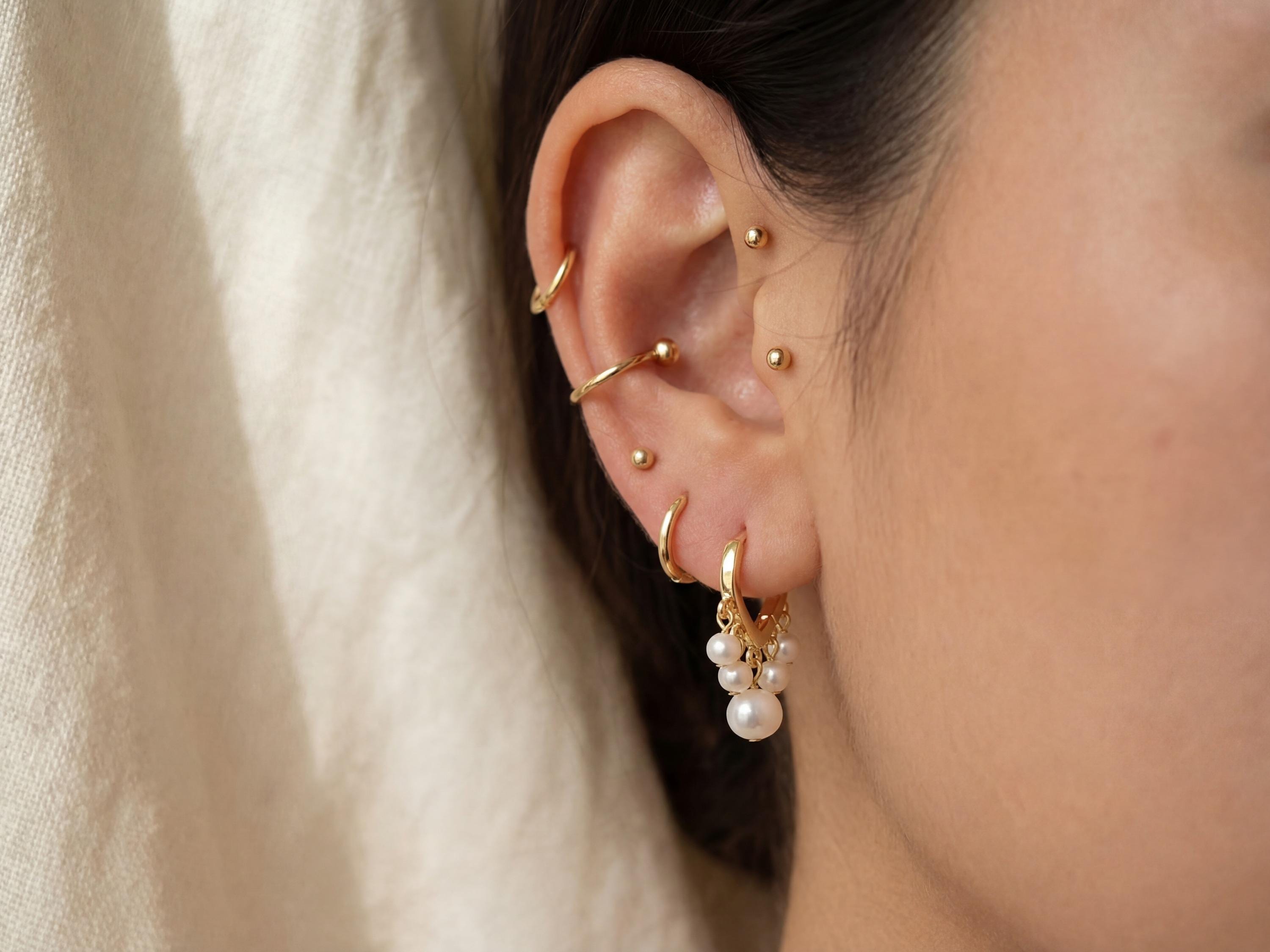 Pearl Huggie Earrings - Gold Five Pearl Hoops, Dainty Birthday Gift for Her