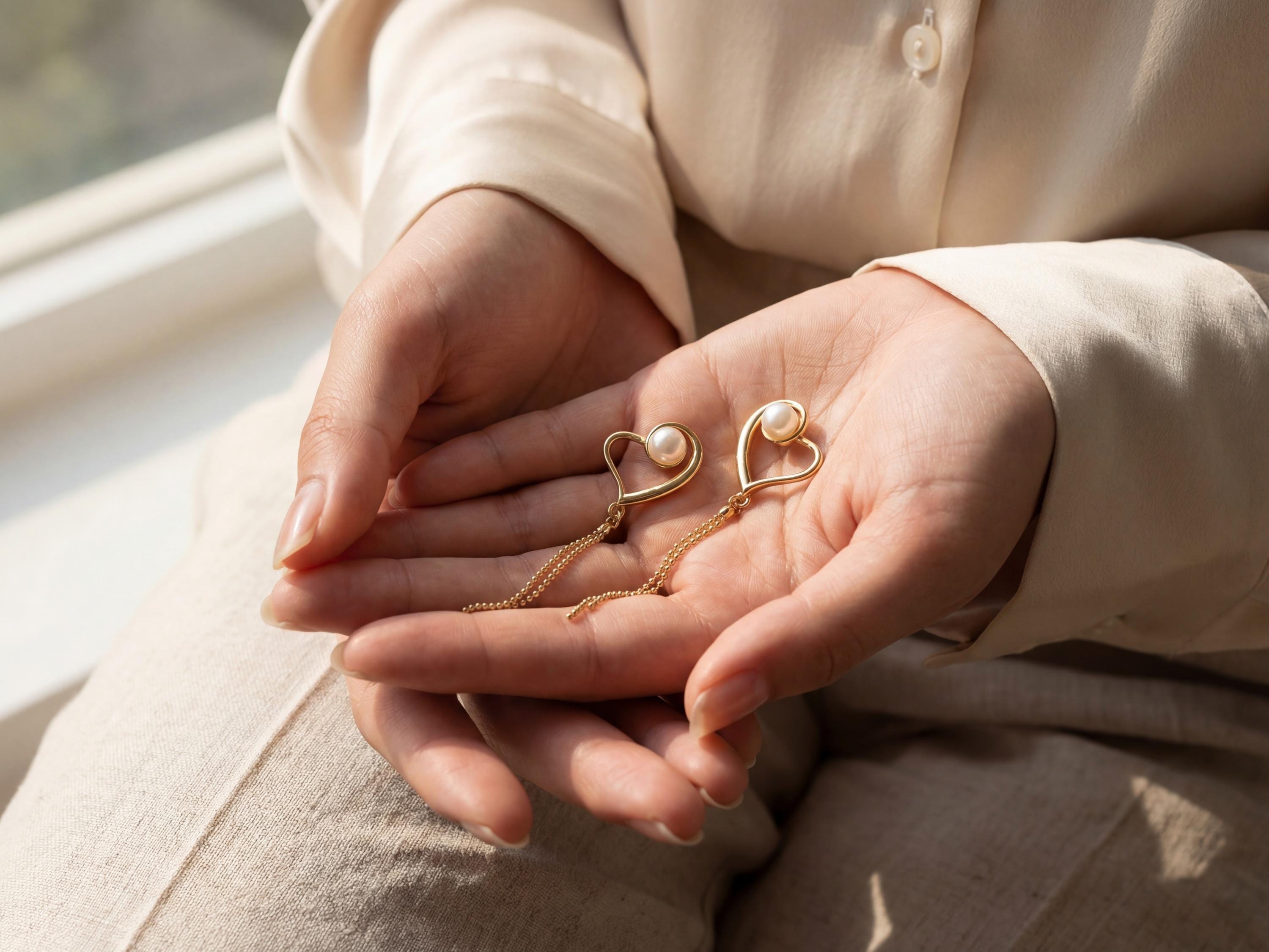 Pearl earrings listing image - Editorial hands shot