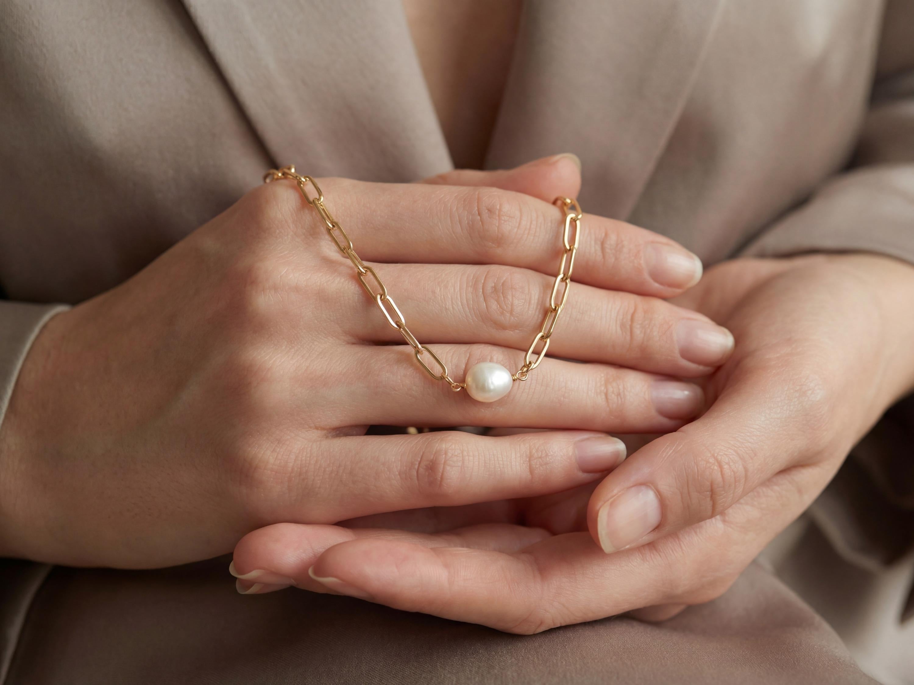 Pearl necklace listing image - Soft editorial hands shot