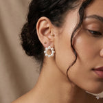 Freshwater pearl cluster stud earrings worn on ear, showing the circular wreath shape and everyday scale