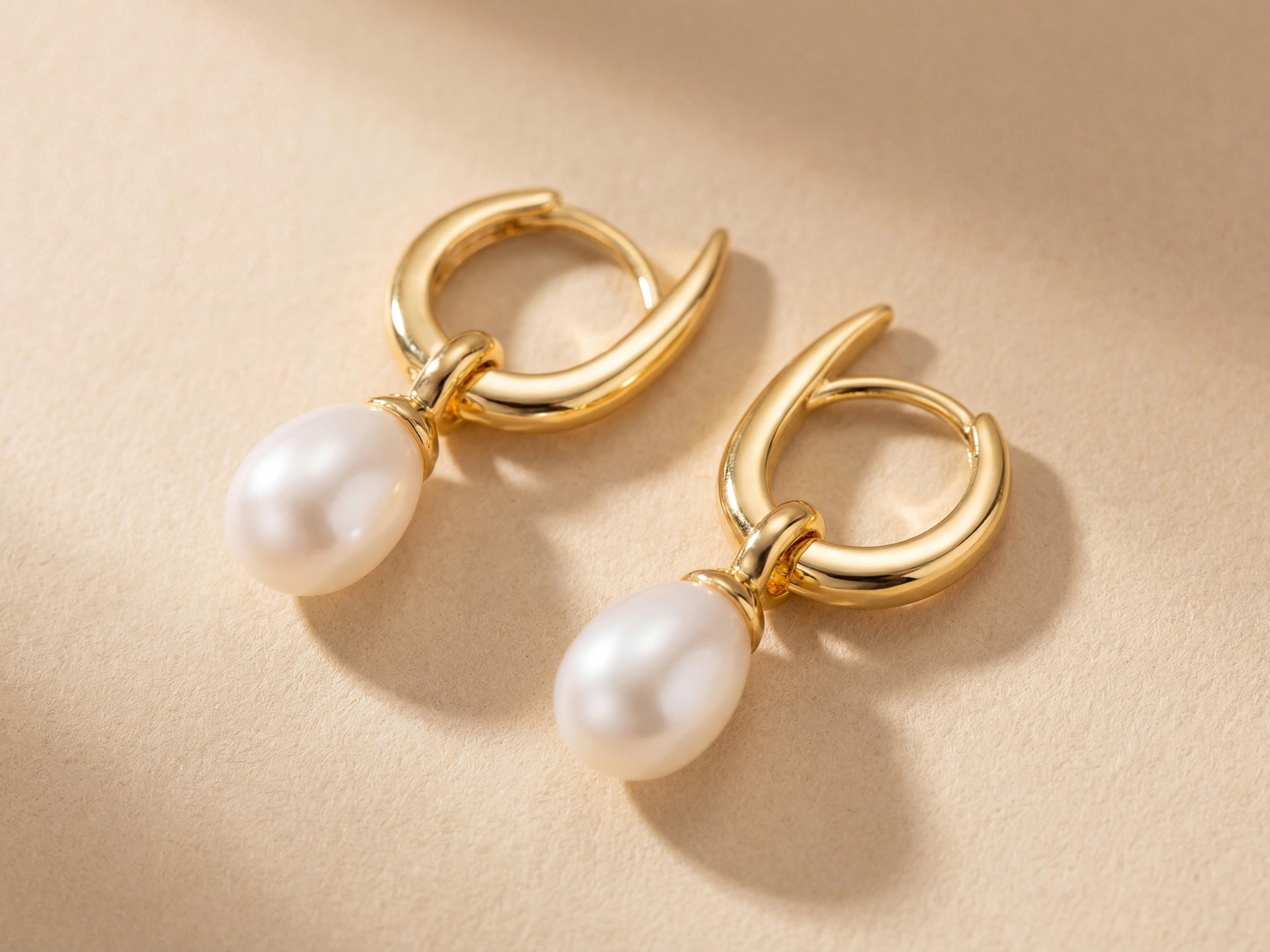 Freshwater Pearl Hoop Earrings: Gold Twist Dangle, Handmade
