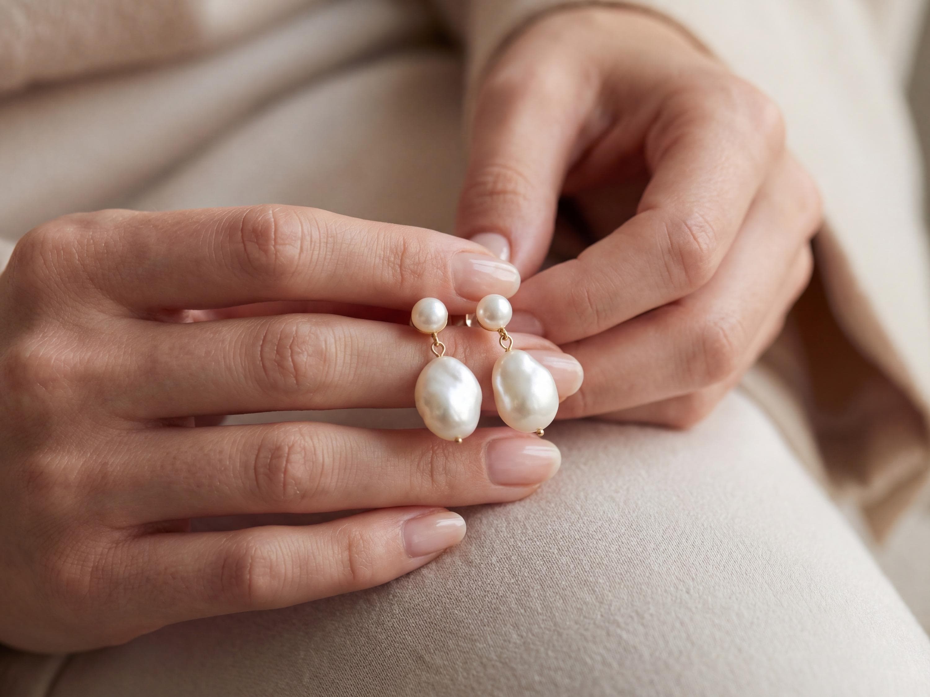 Pearl earrings listing image - Editorial hands shot