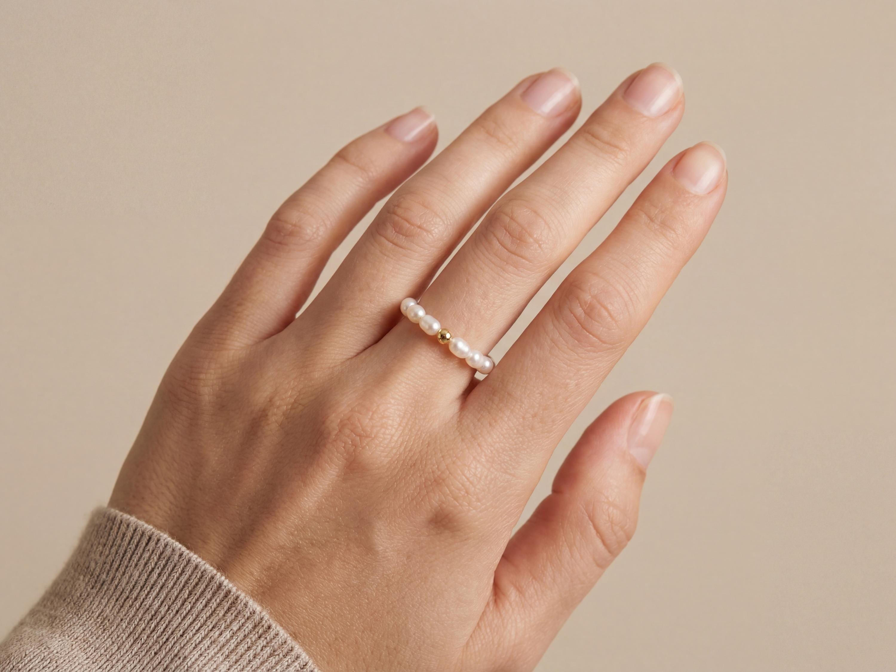 Freshwater Pearl Ring with Gold Accent | Adjustable Stretch Band | Minimalist Stackable Ring