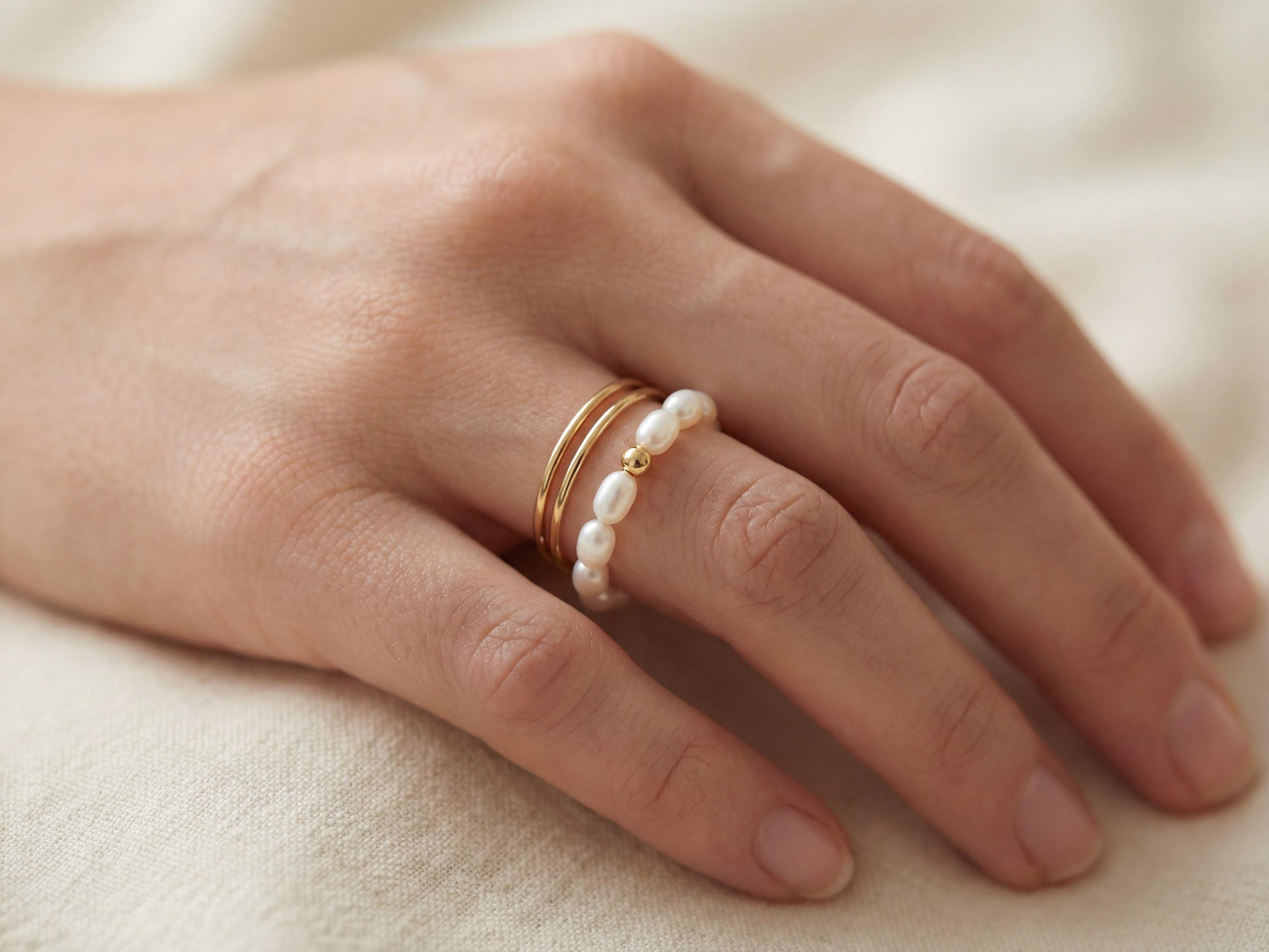 Freshwater Pearl Ring with Gold Accent | Adjustable Stretch Band | Minimalist Stackable Ring