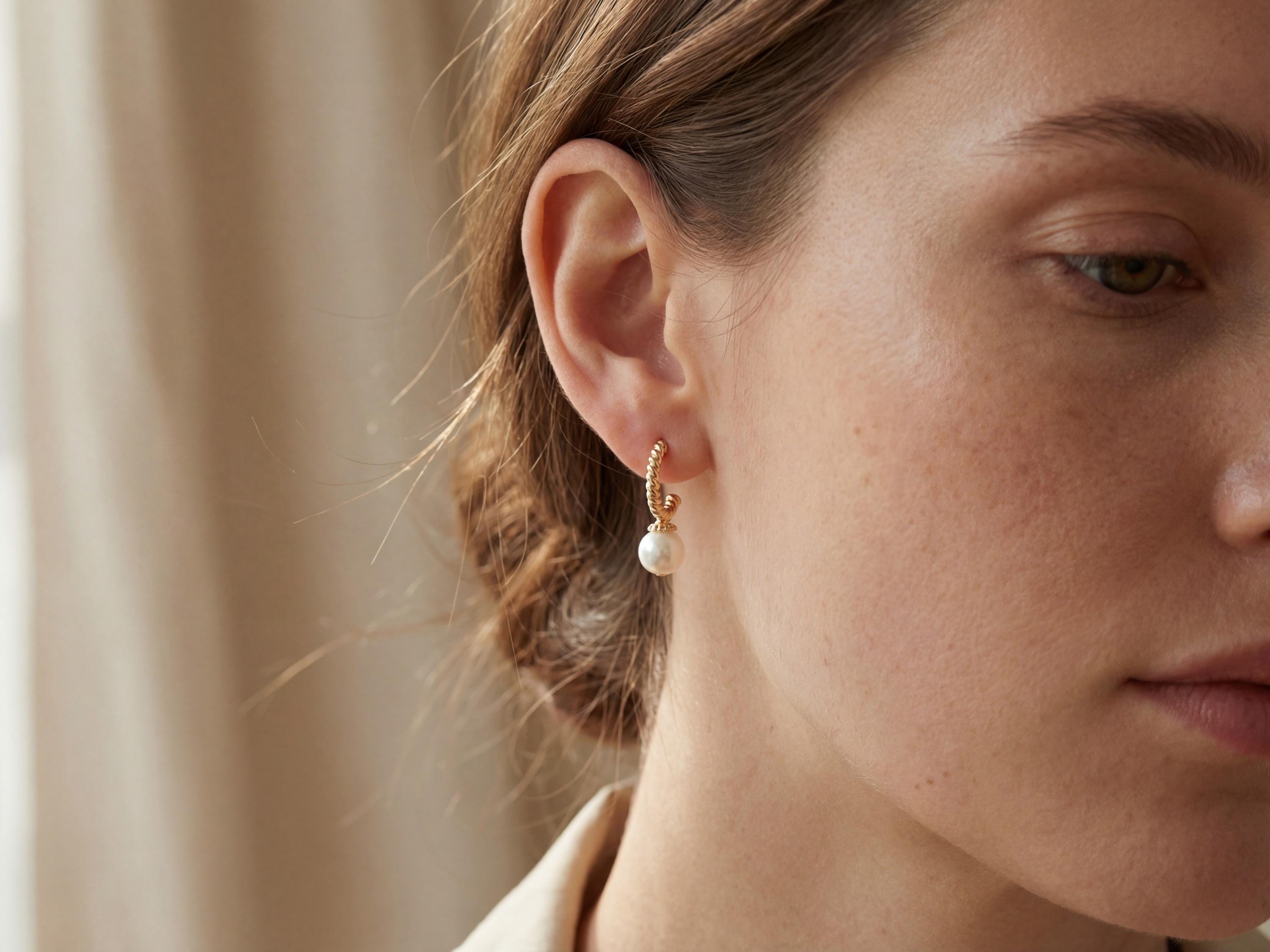 Model wearing a small gold half hoop earring with a white freshwater pearl drop