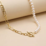 Freshwater Pearl and 18K Gold Plated Chain Necklace - Two Tone Asymmetric Choker, Modern Layering Gift