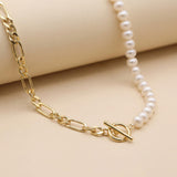 Freshwater Pearl and 18K Gold Plated Chain Necklace - Two Tone Asymmetric Choker, Modern Layering Gift