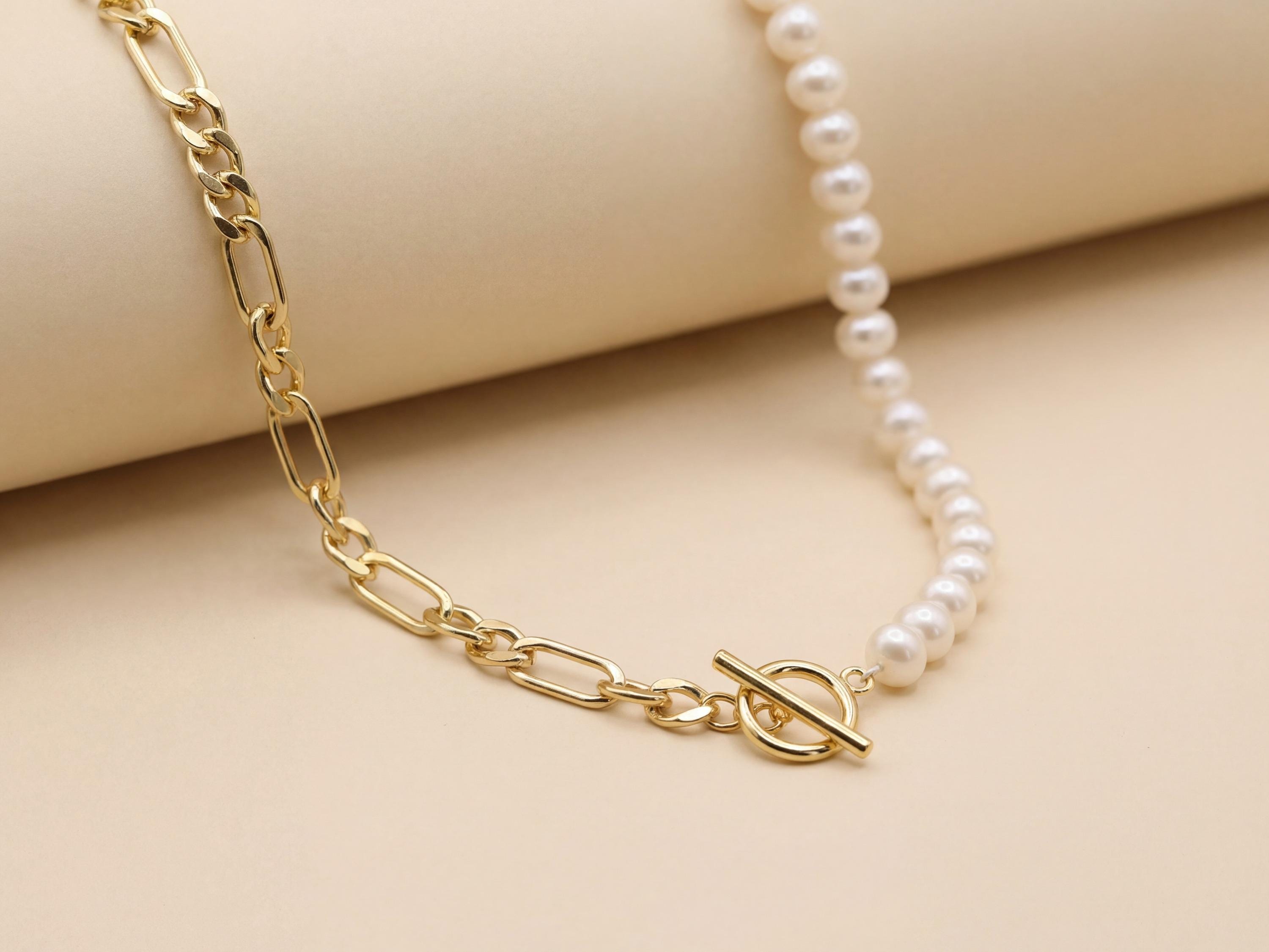 Freshwater Pearl and 18K Gold Plated Chain Necklace - Two Tone Asymmetric Choker, Modern Layering Gift