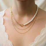 Freshwater Pearl and 18K Gold Plated Chain Necklace - Two Tone Asymmetric Choker, Modern Layering Gift