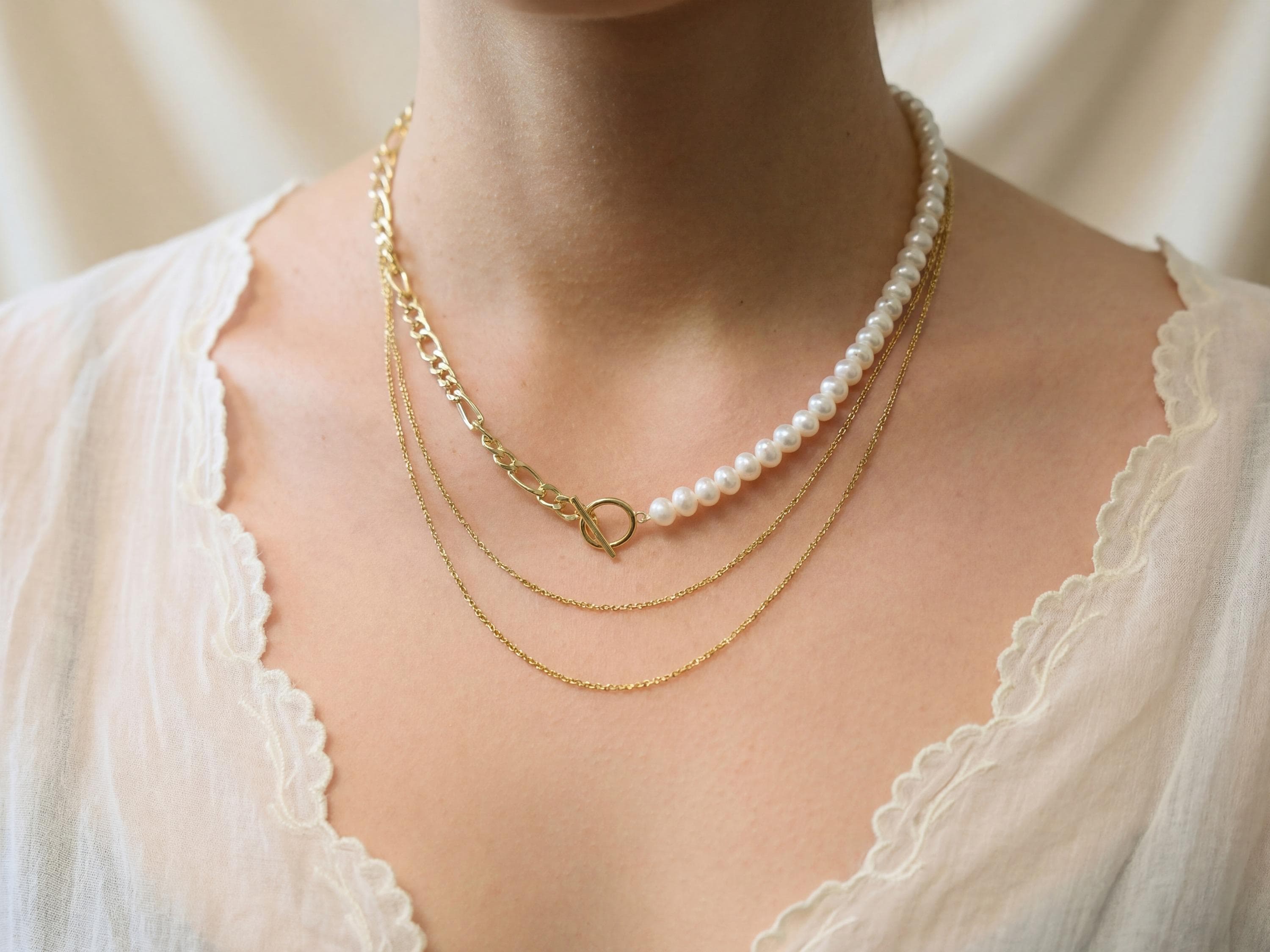 Freshwater Pearl and 18K Gold Plated Chain Necklace - Two Tone Asymmetric Choker, Modern Layering Gift