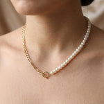 Freshwater Pearl and 18K Gold Plated Chain Necklace - Two Tone Asymmetric Choker, Modern Layering Gift