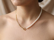 Freshwater Pearl and 18K Gold Plated Chain Necklace - Two Tone Asymmetric Choker, Modern Layering Gift