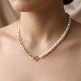 Freshwater Pearl and 18K Gold Plated Chain Necklace - Two Tone Asymmetric Choker, Modern Layering Gift