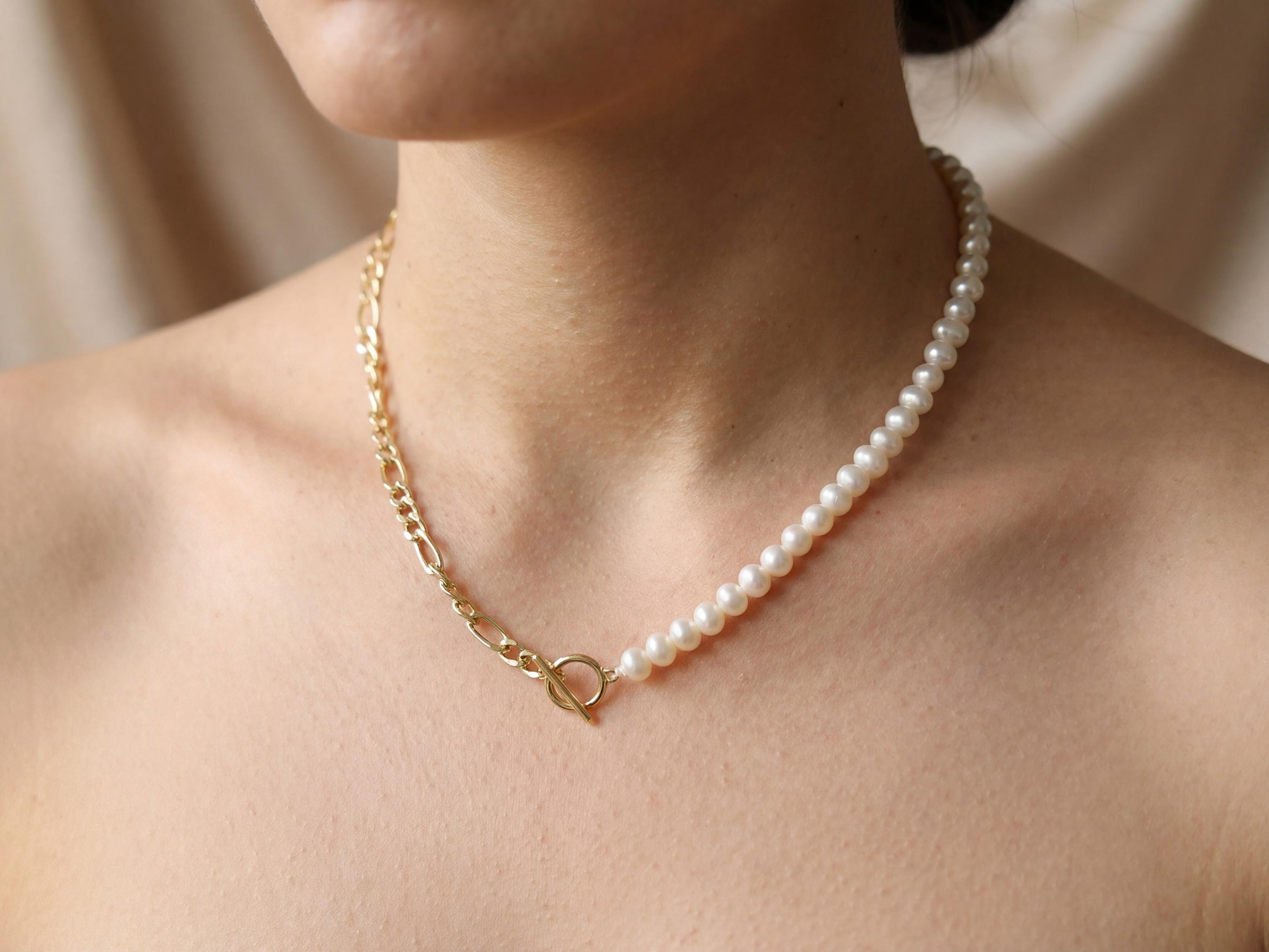 Freshwater Pearl and 18K Gold Plated Chain Necklace - Two Tone Asymmetric Choker, Modern Layering Gift