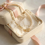 Freshwater Pearl and 18K Gold Plated Chain Necklace - Two Tone Asymmetric Choker, Modern Layering Gift