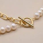 Freshwater Pearl and 18K Gold Plated Chain Necklace - Two Tone Asymmetric Choker, Modern Layering Gift
