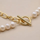 Freshwater Pearl and 18K Gold Plated Chain Necklace - Two Tone Asymmetric Choker, Modern Layering Gift