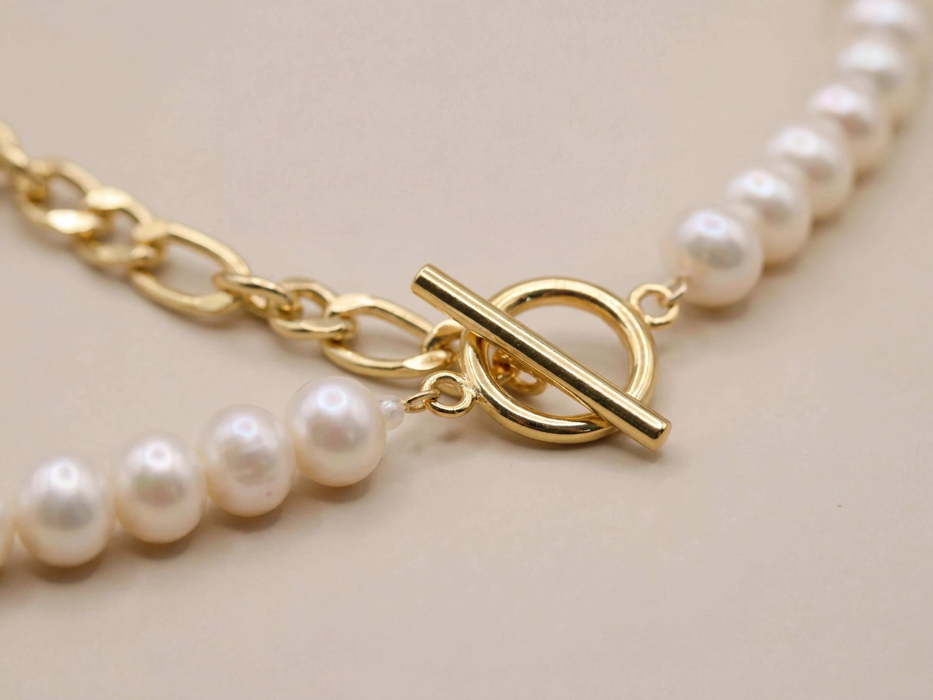 Freshwater Pearl and 18K Gold Plated Chain Necklace - Two Tone Asymmetric Choker, Modern Layering Gift