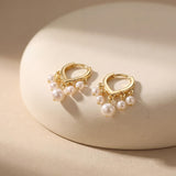 Pearl Huggie Earrings - Gold Five Pearl Hoops, Dainty Birthday Gift for Her