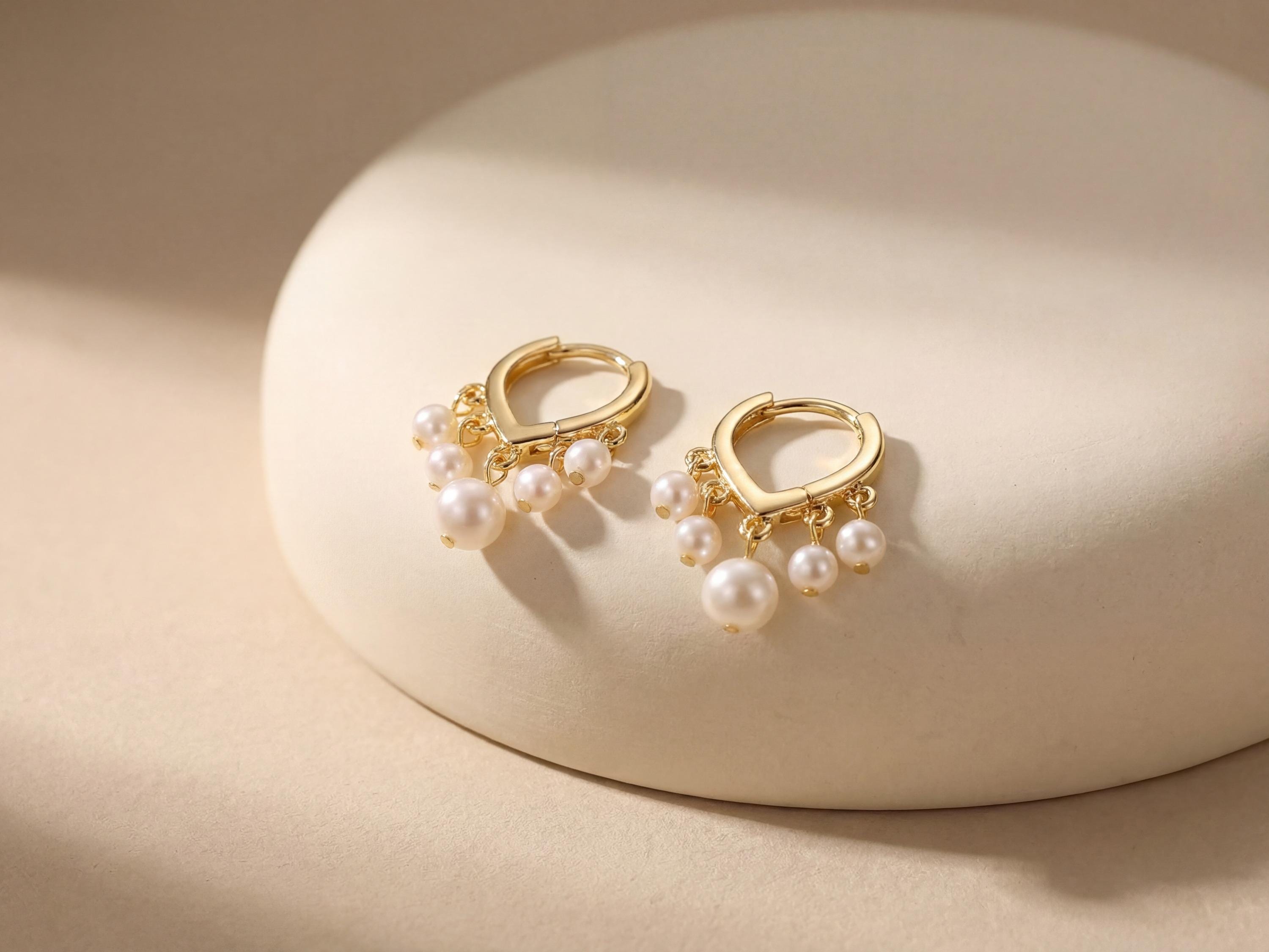 Pearl Huggie Earrings - Gold Five Pearl Hoops, Dainty Birthday Gift for Her