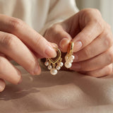 Pearl Huggie Earrings - Gold Five Pearl Hoops, Dainty Birthday Gift for Her