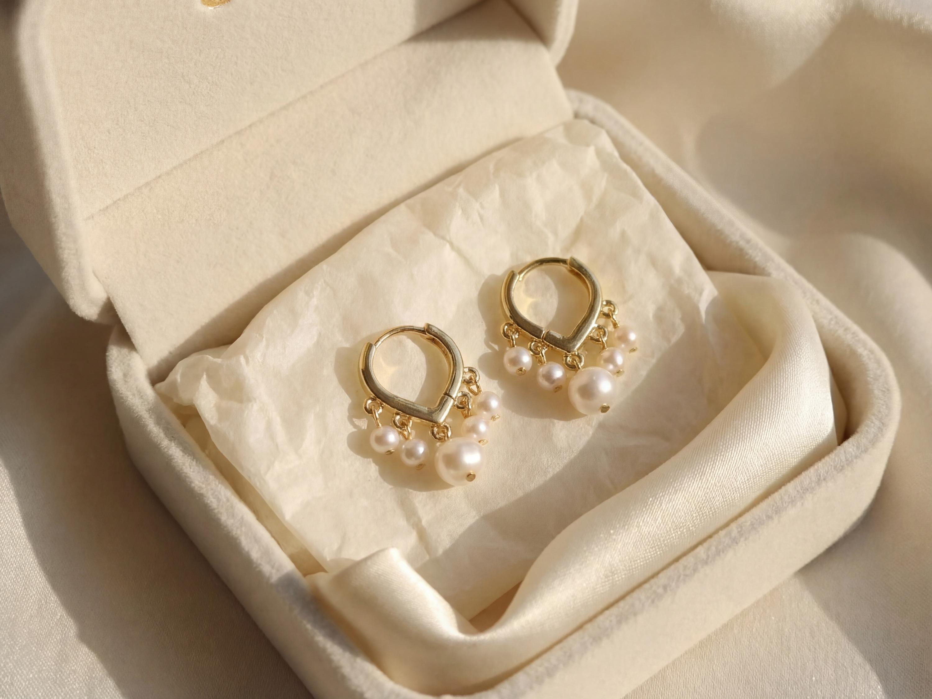 Pearl Huggie Earrings - Gold Five Pearl Hoops, Dainty Birthday Gift for Her