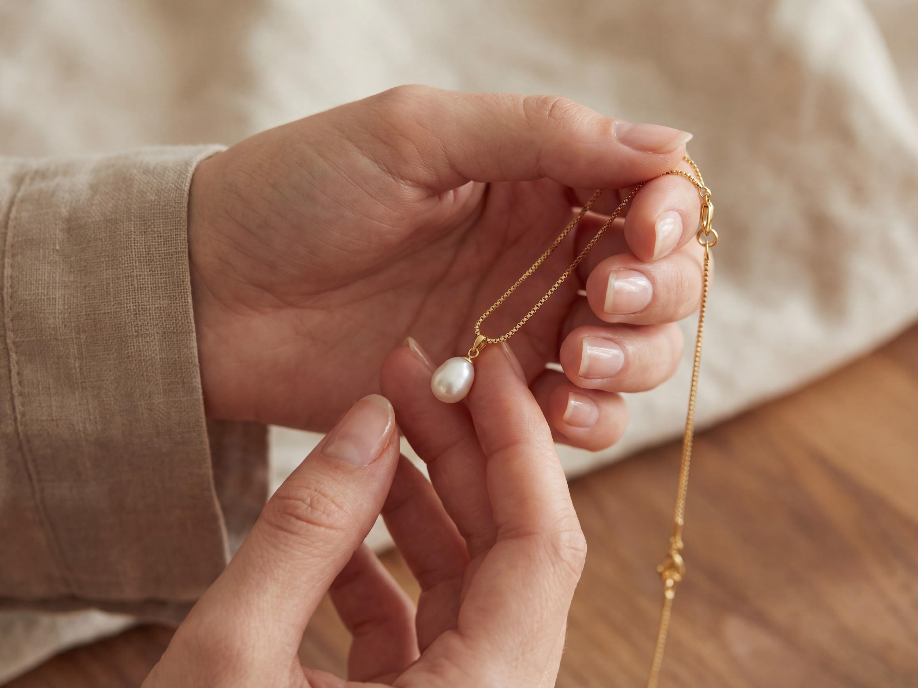 Pearl necklace listing image - Soft editorial hands shot