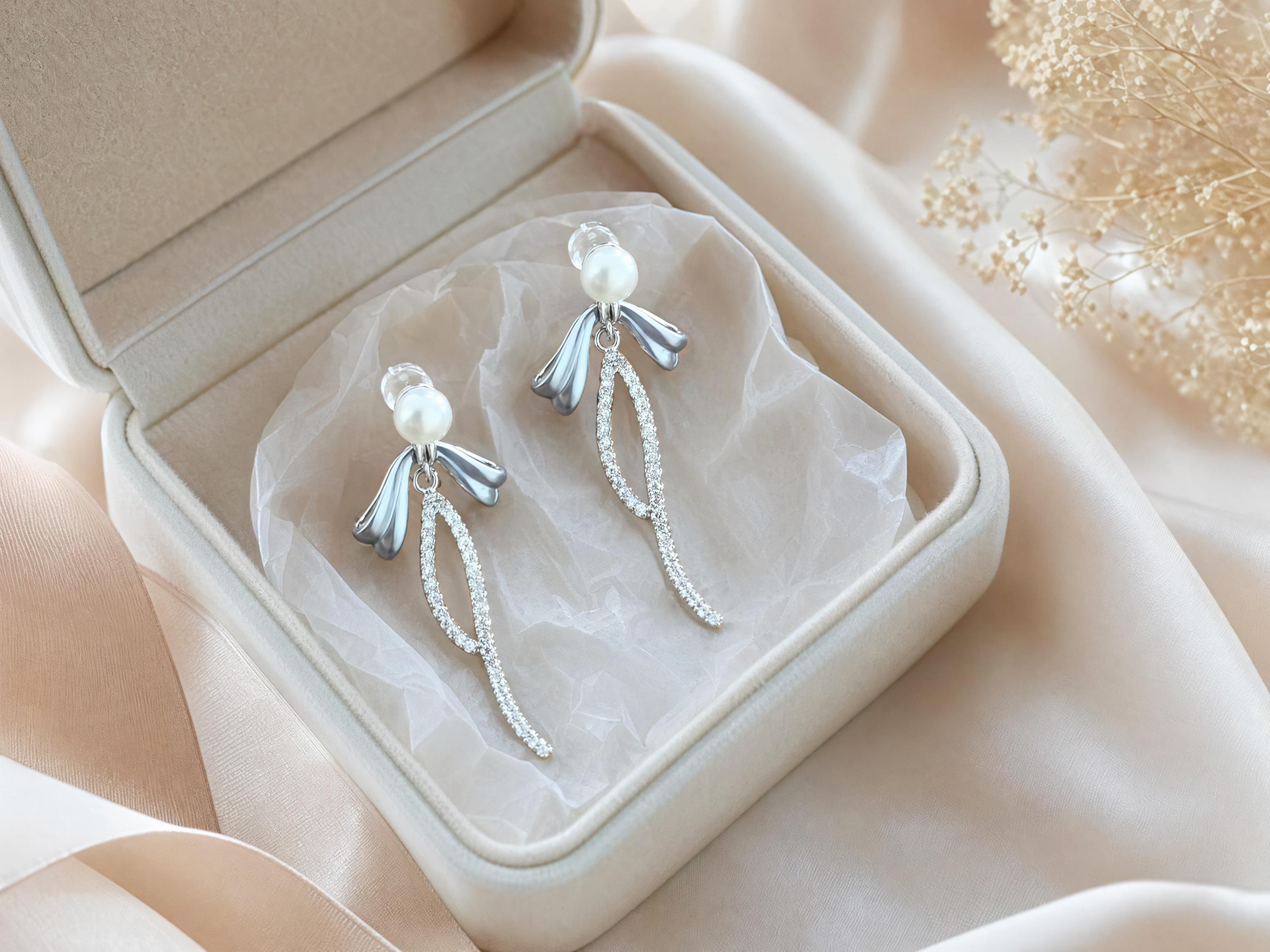 Sterling Silver Pearl Bow Dangle Earrings – Coquette Birthday Gift