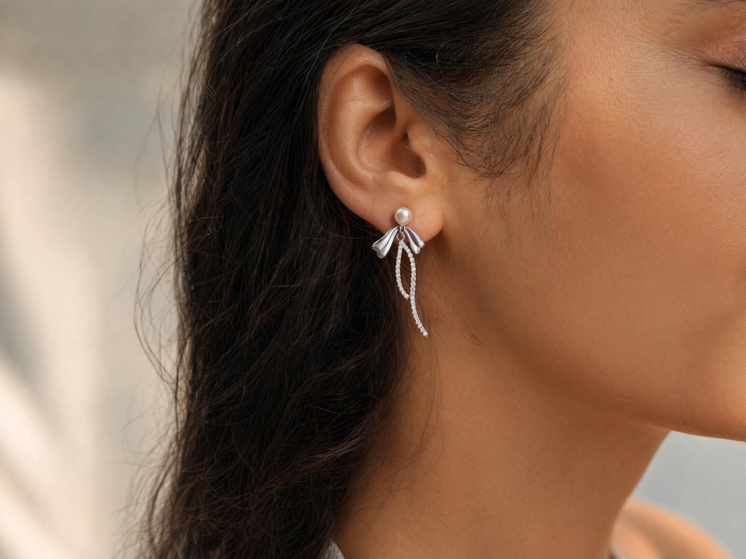 Sterling Silver Pearl Bow Dangle Earrings – Coquette Birthday Gift