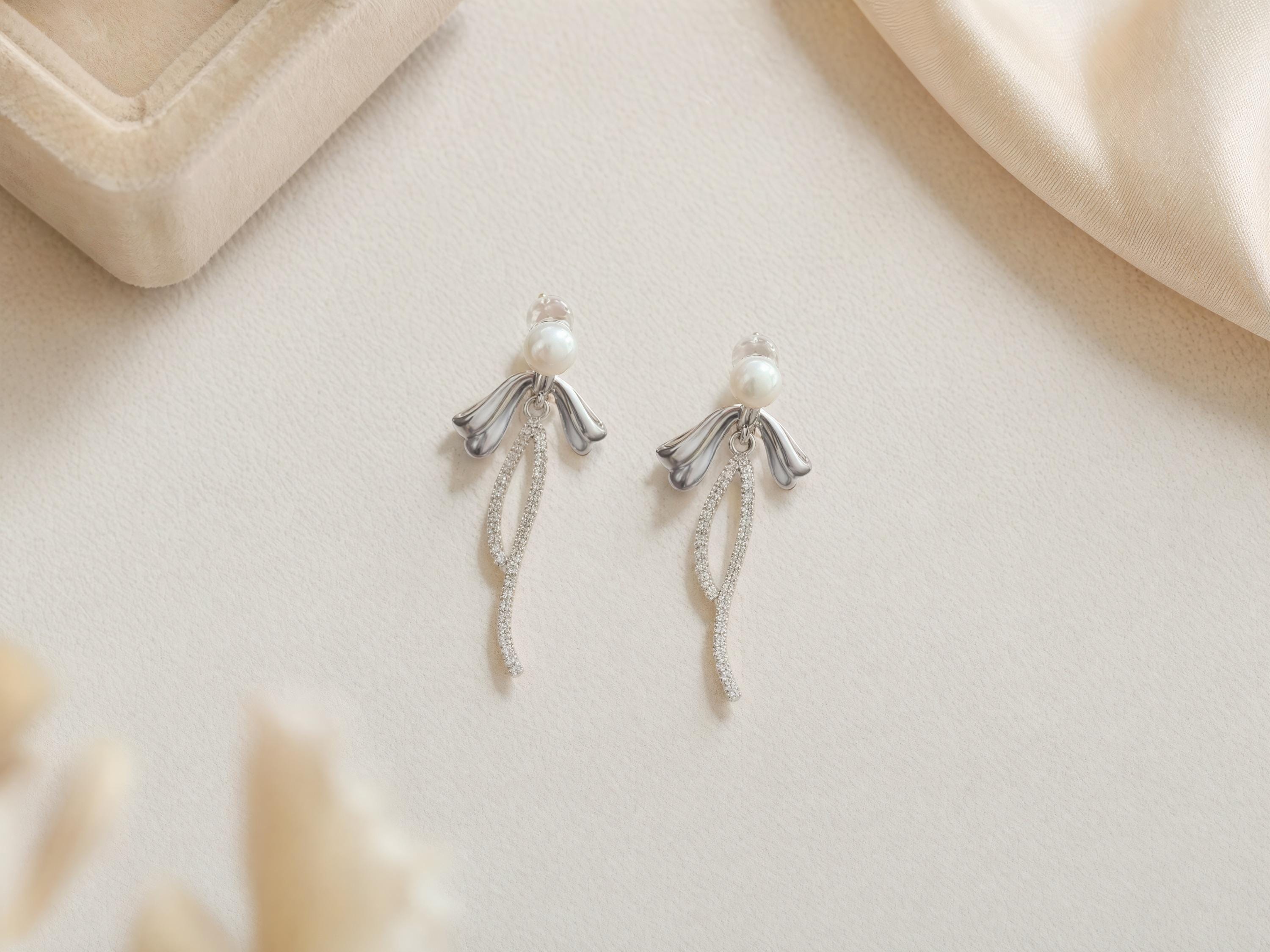 Sterling Silver Pearl Bow Dangle Earrings – Coquette Birthday Gift
