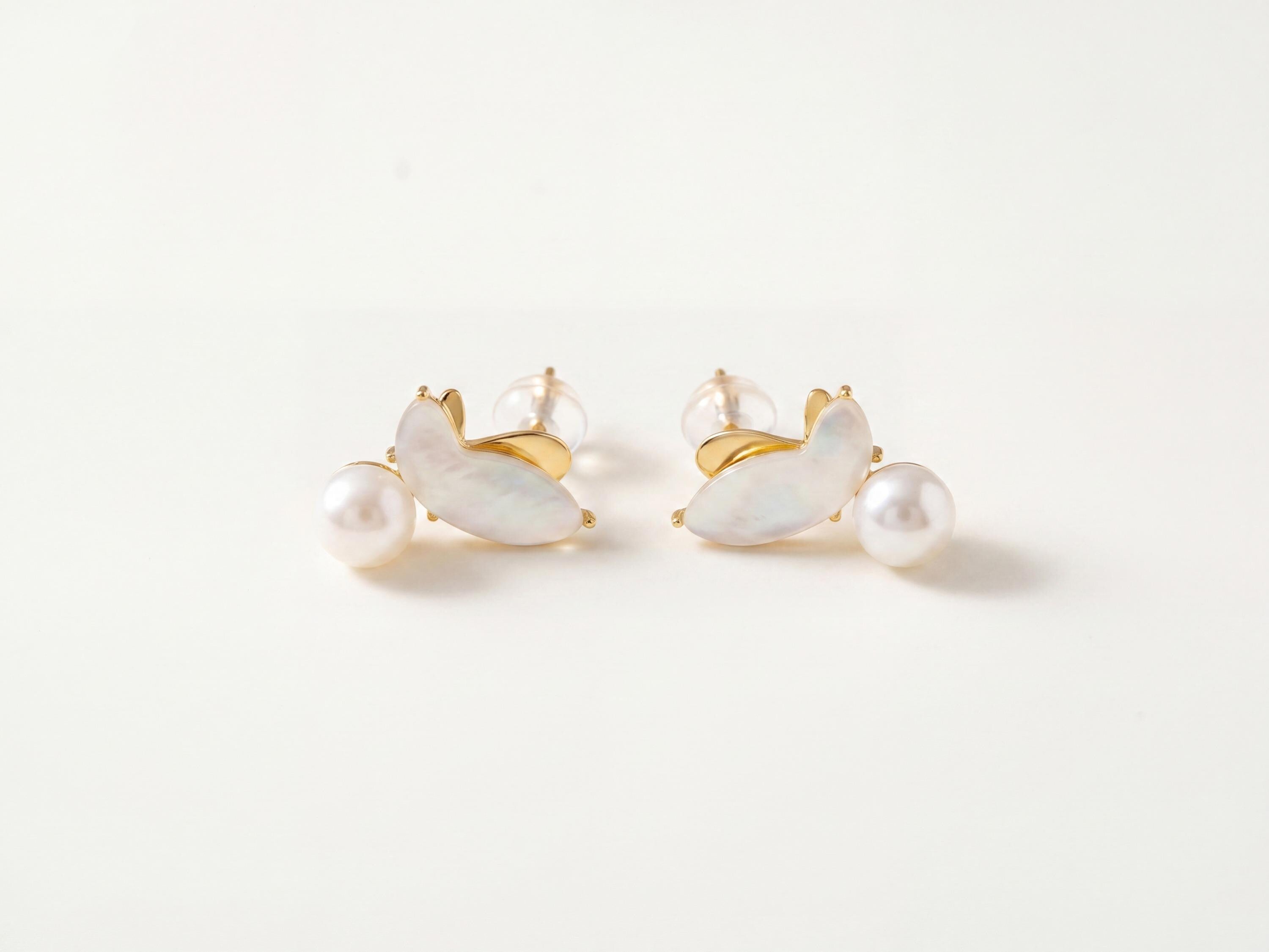 Butterfly Pearl Earrings - Gold Freshwater Pearl Studs, Garden Gift for Her