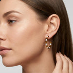 Tiger eye pearl hoop earrings worn by a model, showing the full face and earring scale