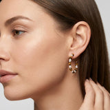 Tiger eye pearl hoop earrings worn by a model, showing the full face and earring scale