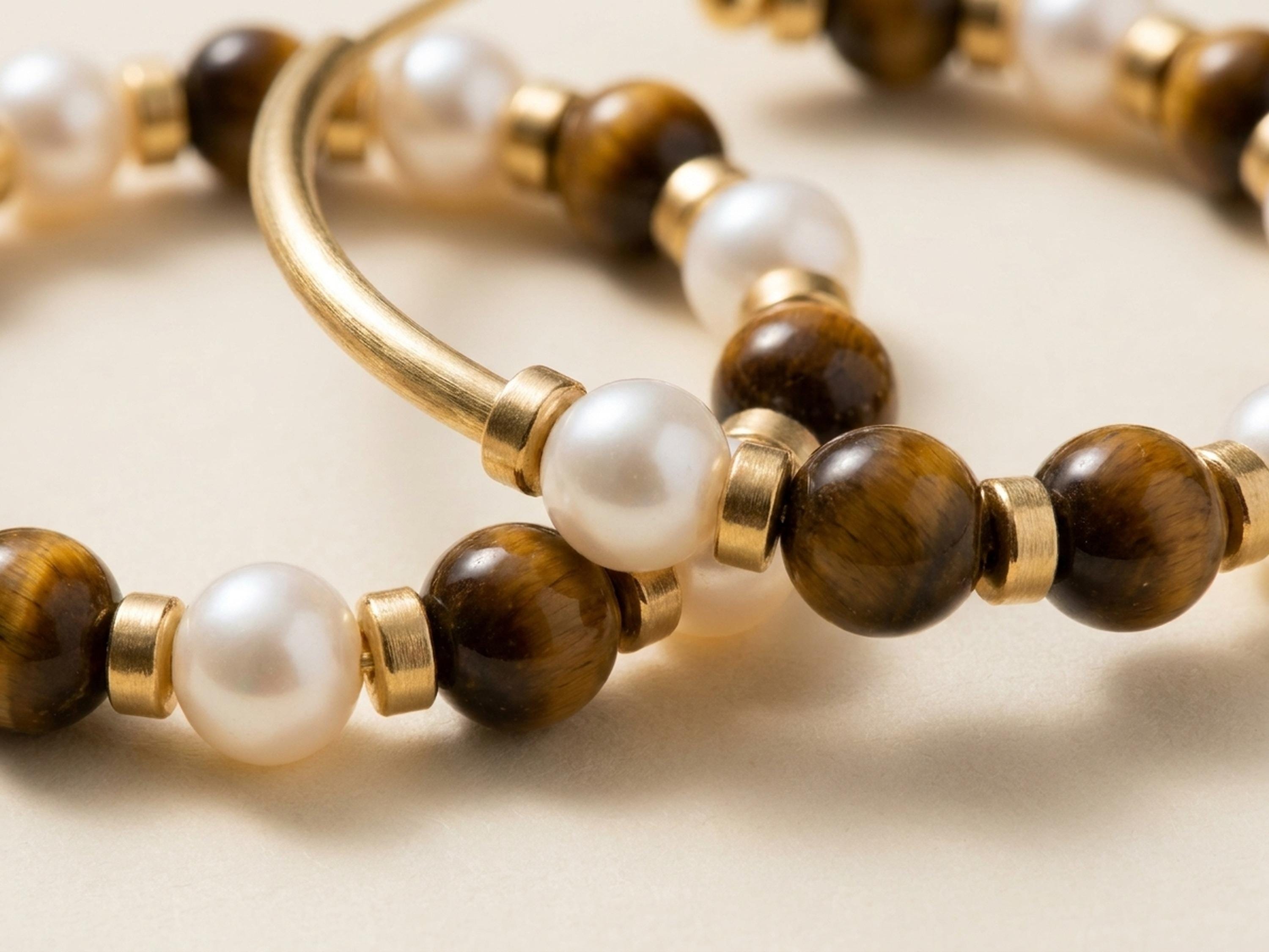 Close up of tiger eye gemstone beads, freshwater pearls, and warm gold tone spacers